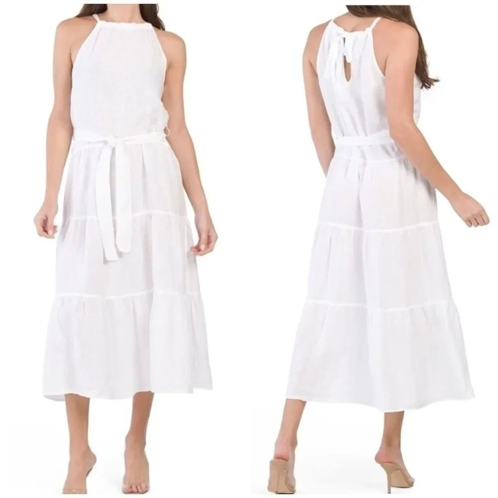 Cloth & Stone XS White Tiered Linen Midi Dress NO BELT Graduation Derby